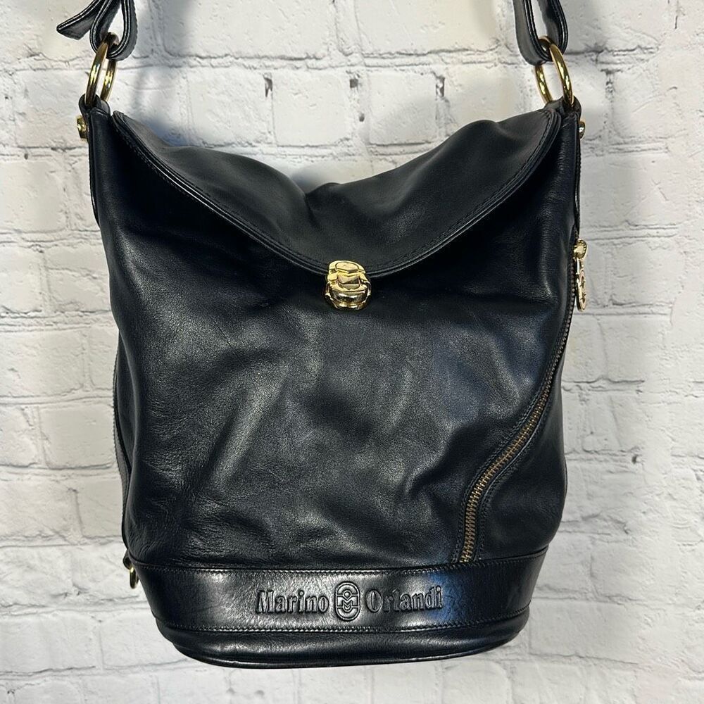 Marino Orlandi Designer Medium Bucket Bag Black Leather Purse Italy Pocketbook